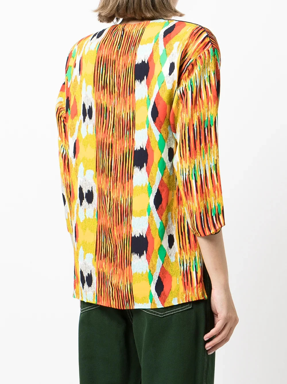 Celine printed crew neck blouse, stylish women's top with vibrant pattern, short sleeves, and comfortable fit.