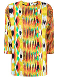 Celine printed crew neck blouse, stylish tops with colorful pattern, long sleeves, and relaxed fit.