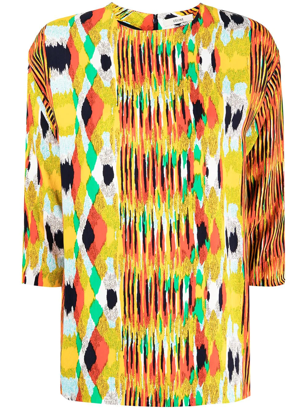 Celine printed crew neck blouse, stylish tops with colorful pattern, long sleeves, and relaxed fit.