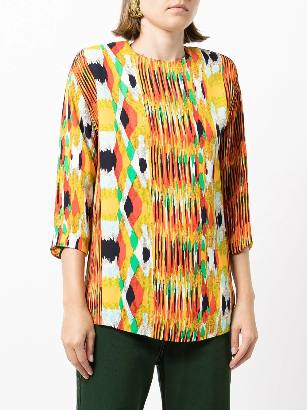 Celine printed crew neck blouse, stylish top with floral pattern, long sleeves, and relaxed fit, perfect for casual or office wear.