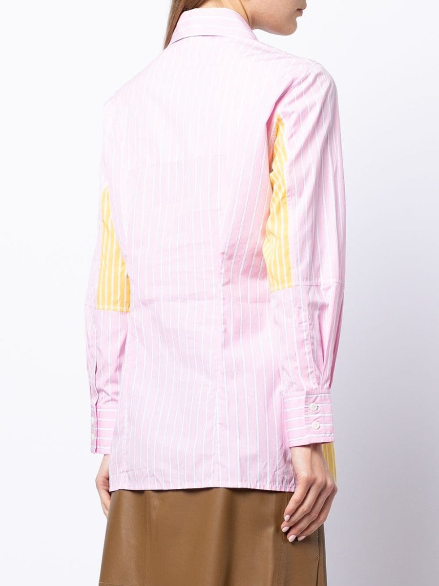 Celine striped long sleeve button-up shirt with vertical blue and white stripes, classic collar, and front button closure.
