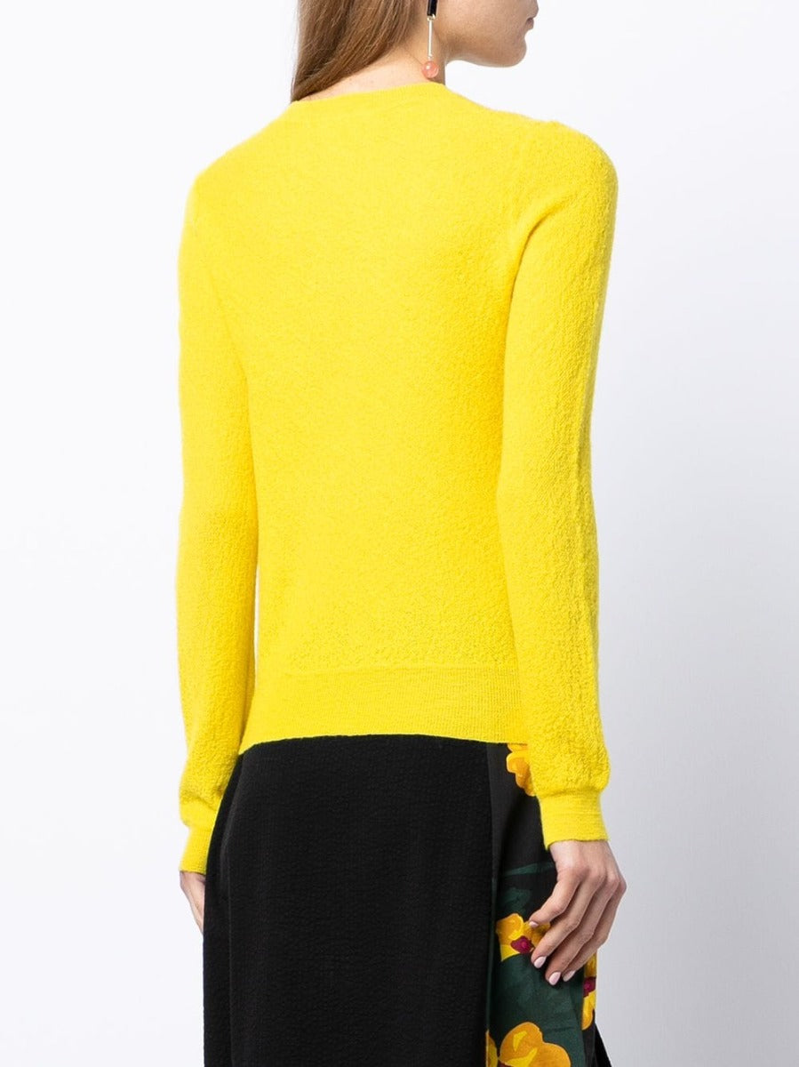Celine yellow crewneck knit jumper, cozy knit top with long sleeves and ribbed cuffs, casual and stylish women's knitwear.
