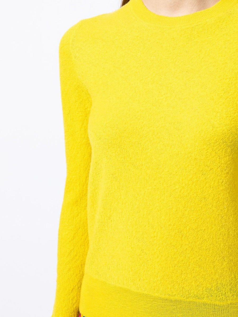 Celine yellow crewneck knit jumper, cozy tops with ribbed collar and cuffs, casual stylish knitwear for women.