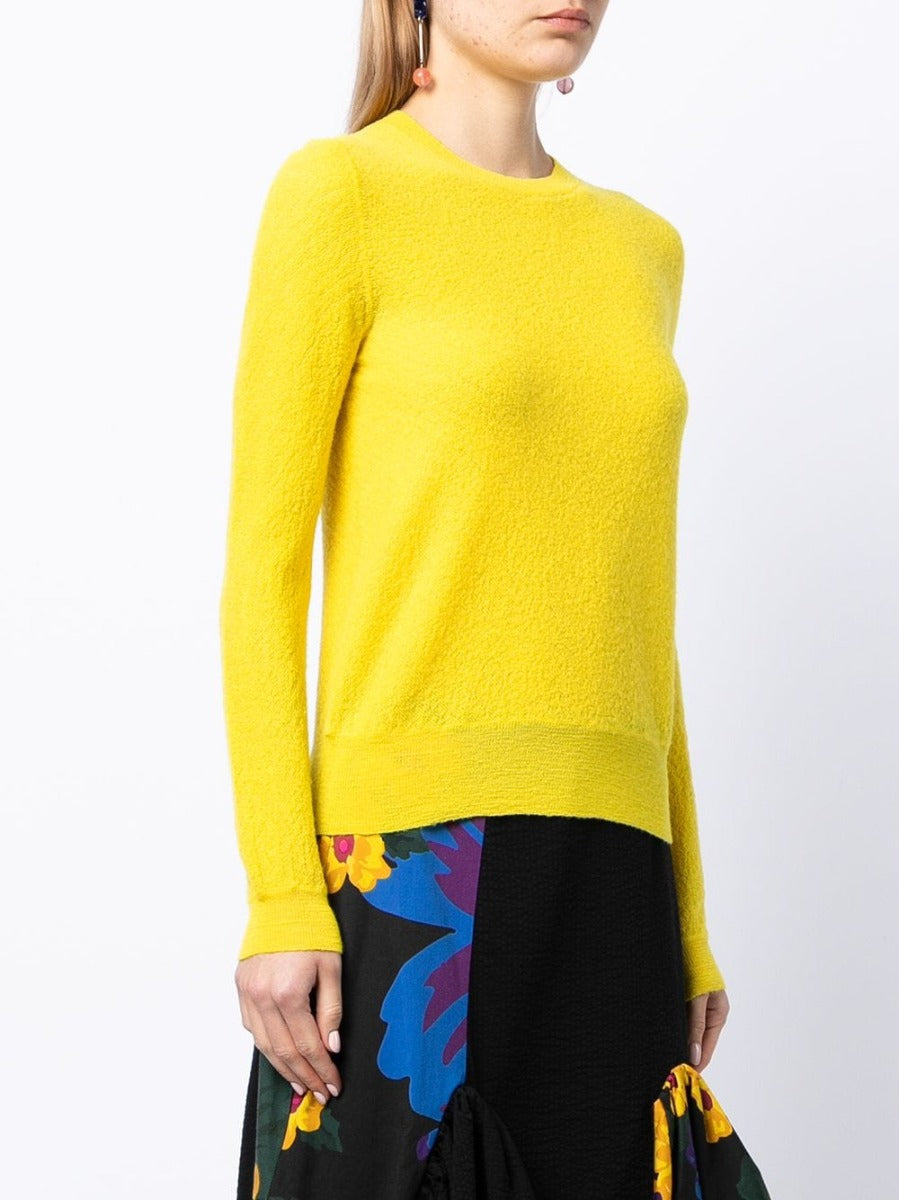 Yellow Celine crewneck knit jumper, soft and cozy top with ribbed cuffs and neckline, perfect for casual wear.