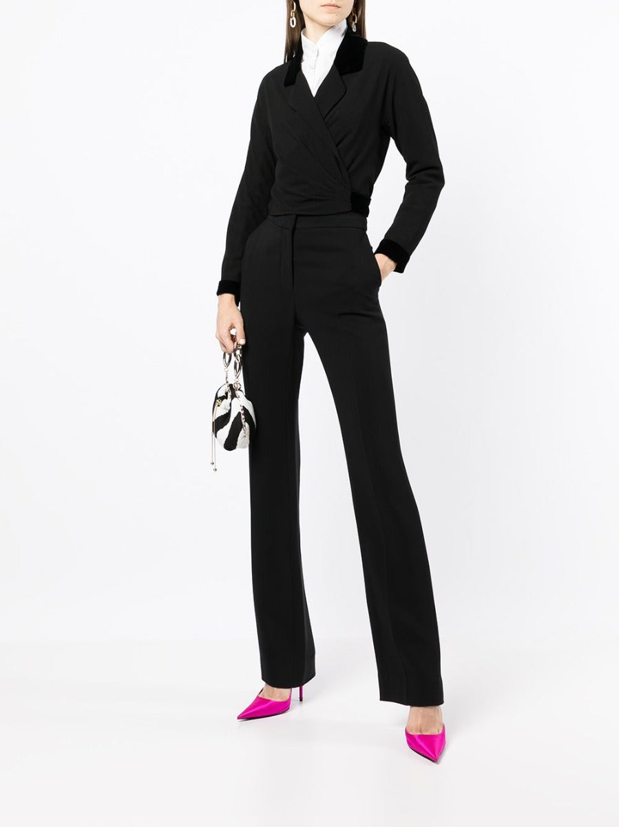 Chanel velvet trim cropped blazer with tailored fit and elegant design, featuring a sleek collar and button closure.