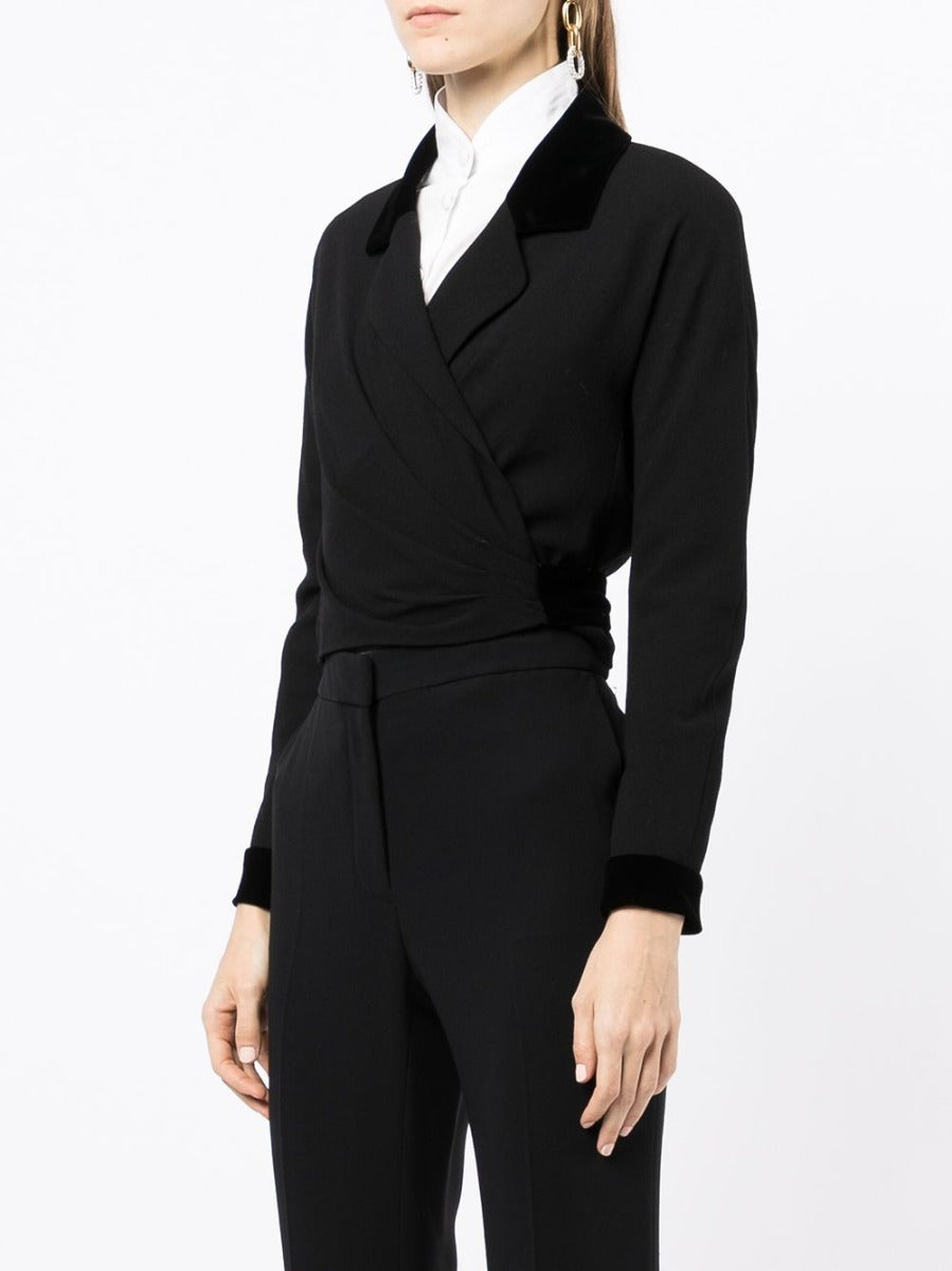 Chanel velvet trim cropped blazer with tailored fit, featuring elegant velvet accents on the collar and cuffs.