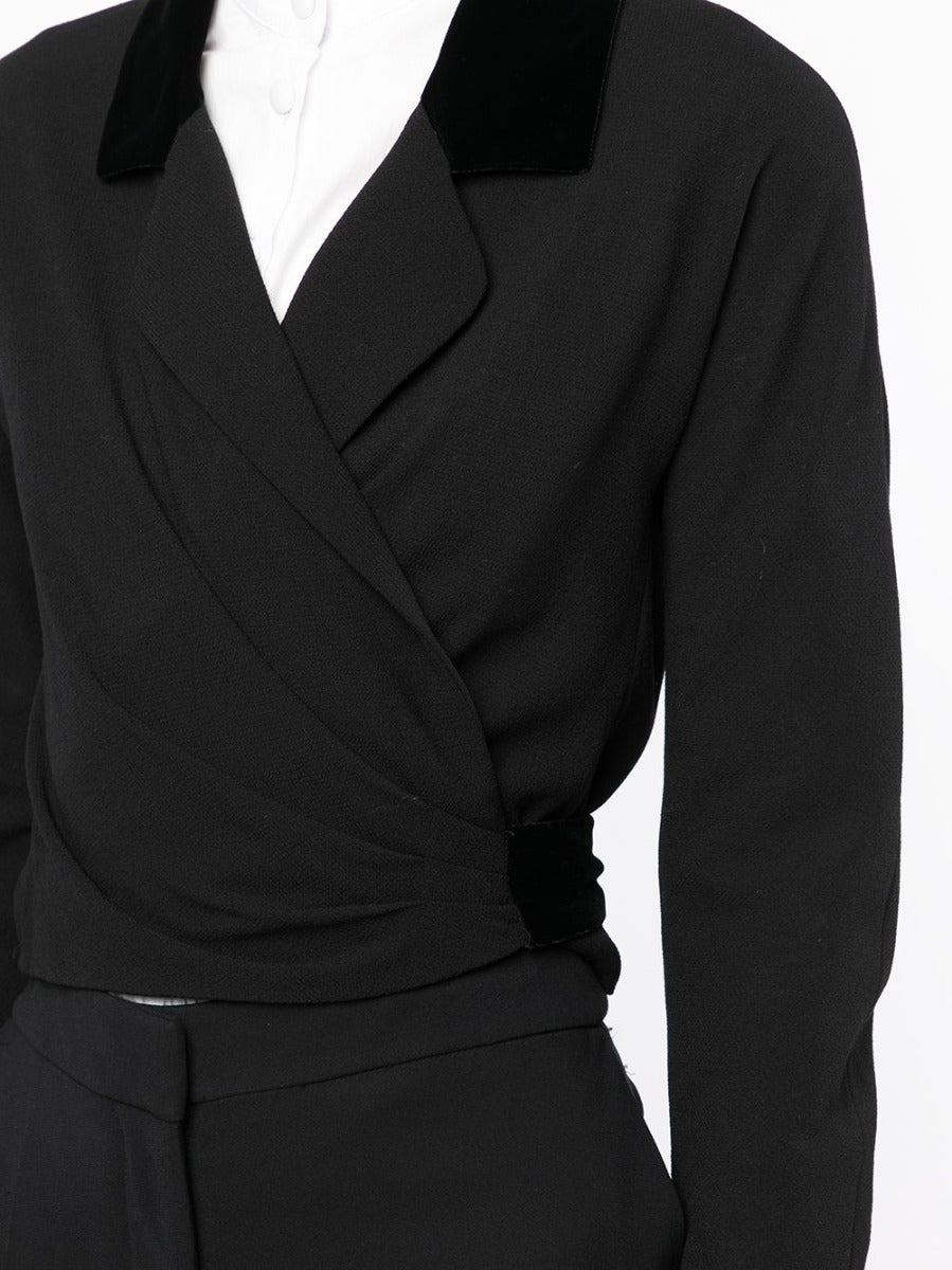 Chanel velvet trim cropped blazer with tailored fit and elegant design, featuring velvet accents on the collar and cuffs.