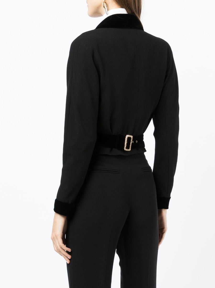 Chanel velvet trim cropped blazer with tailored fit, featuring elegant velvet accents and structured design.