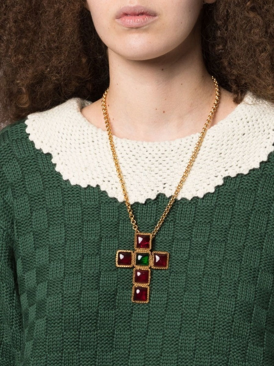 Vintage Finds Gripoix cabochon cross motif necklace featuring colorful glass cabochons on a delicate chain.