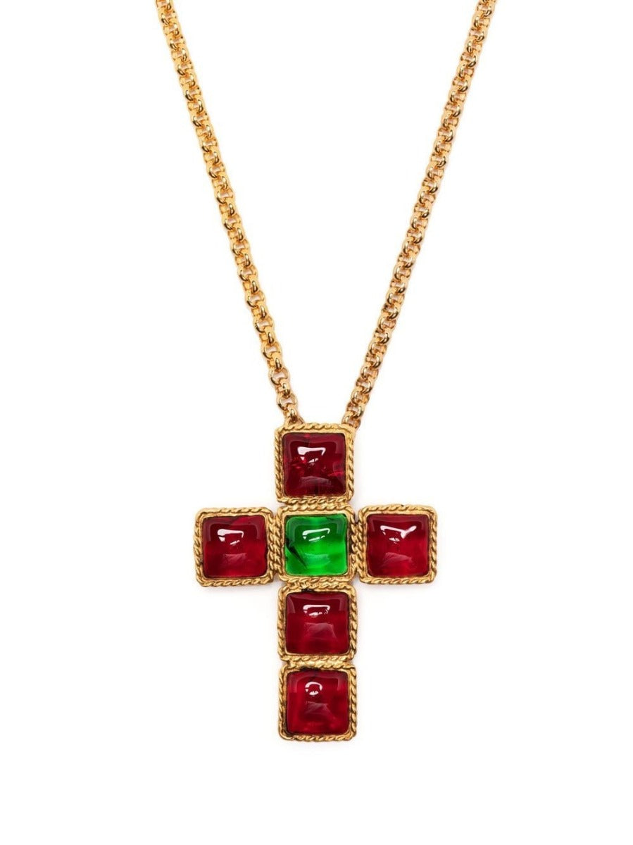 Vintage Finds Gripoix cabochon cross motif necklace featuring colorful glass stones and a delicate chain.