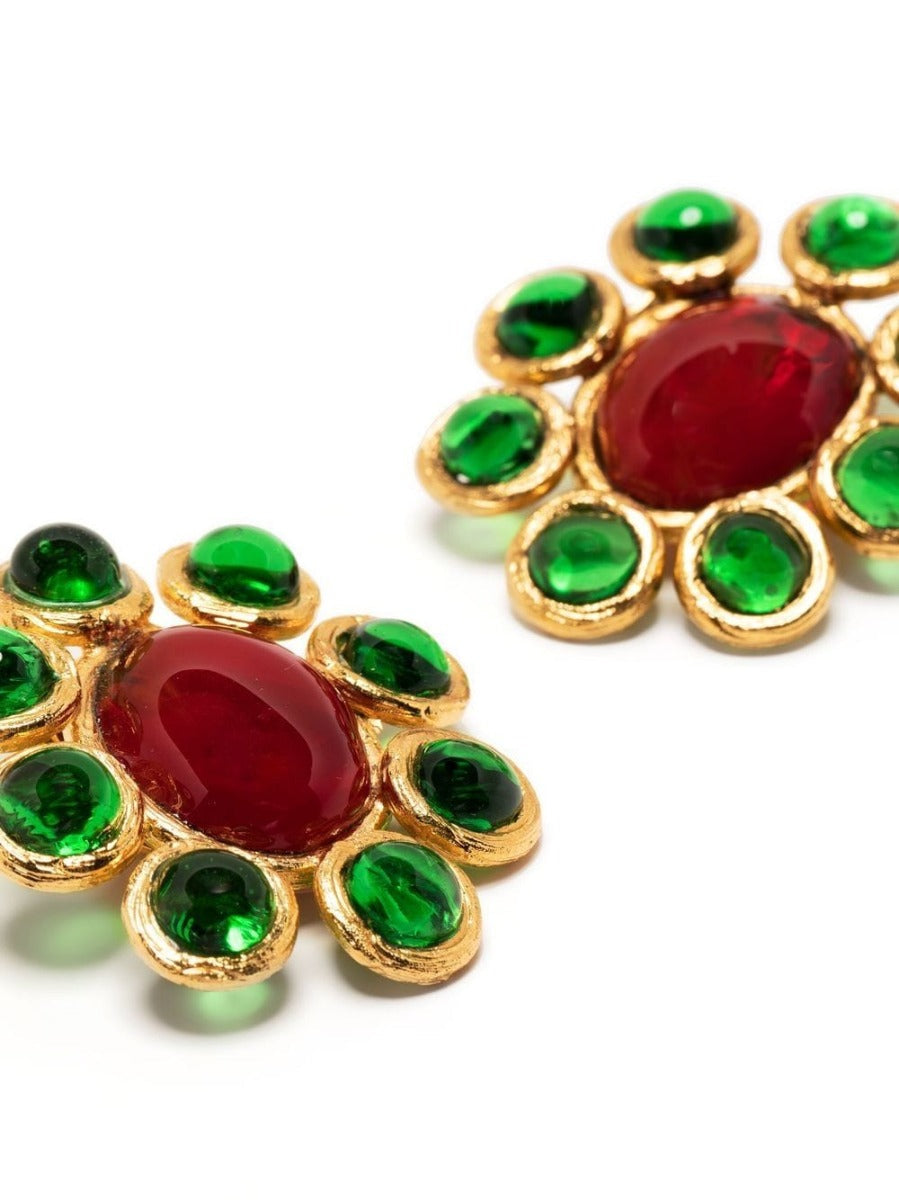 Vintage Finds flower glass cabochon clip-on earrings featuring colorful floral designs on clear glass bases.