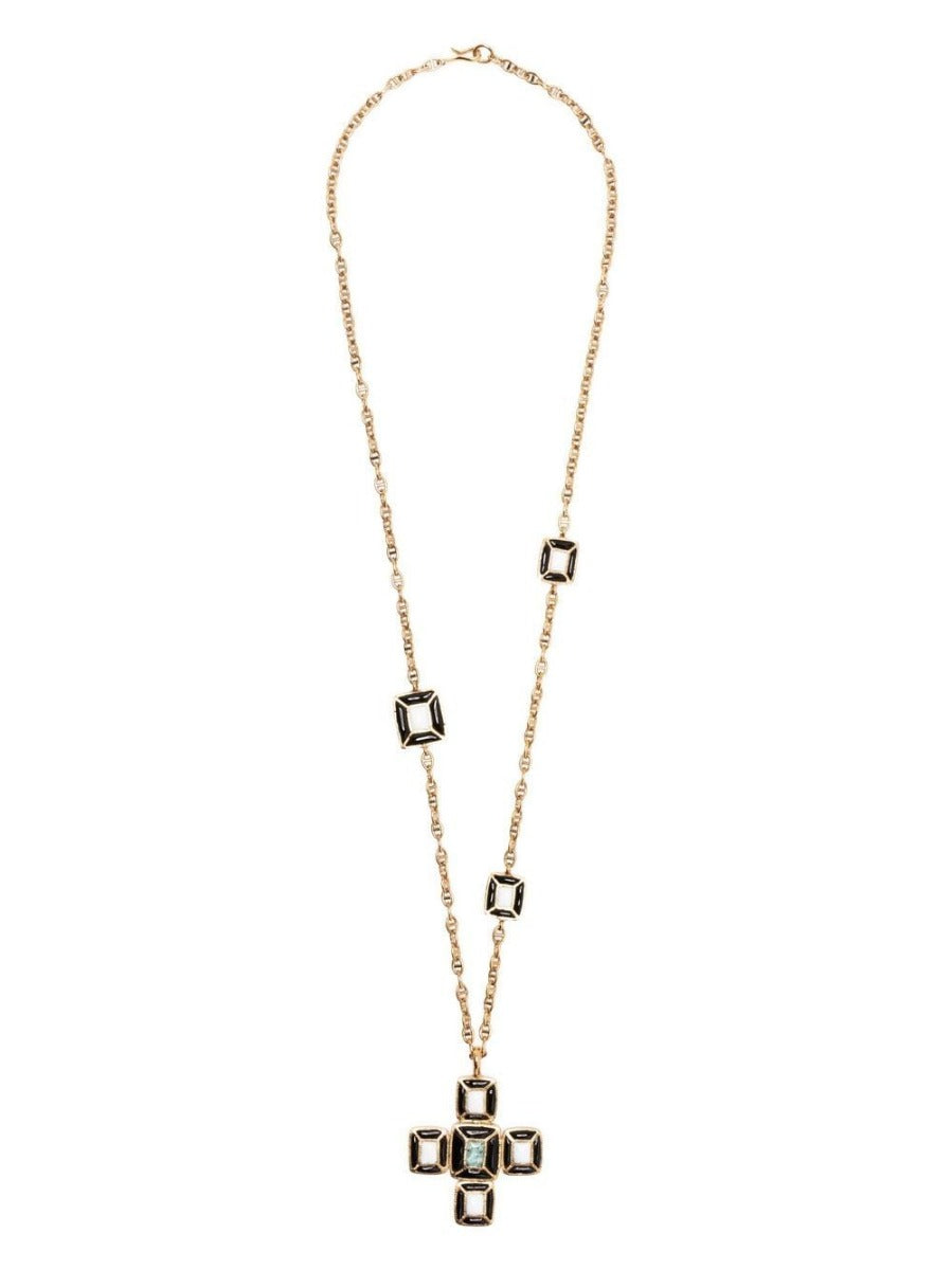 Vintage Finds Gripoix Cross long necklace with colorful glass beads and pendant, stylish jewelry accessory for women.