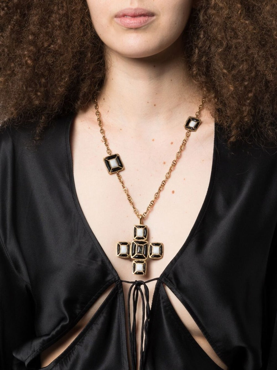 Vintage Finds Gripoix Cross long necklace featuring colorful glass beads and a decorative cross pendant.