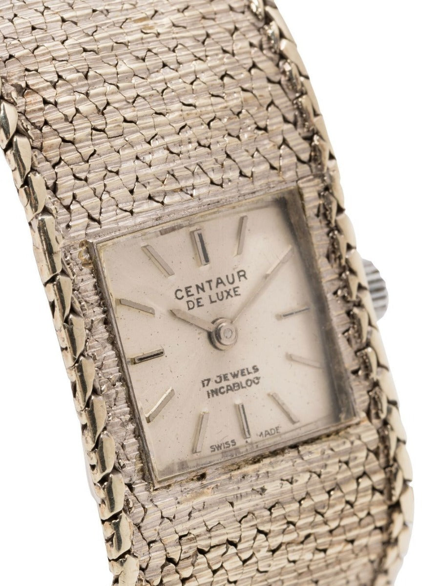 Vintage Finds Centaur De Luxe gold bracelet watch with classic round dial and elegant design, featuring a metal link band.