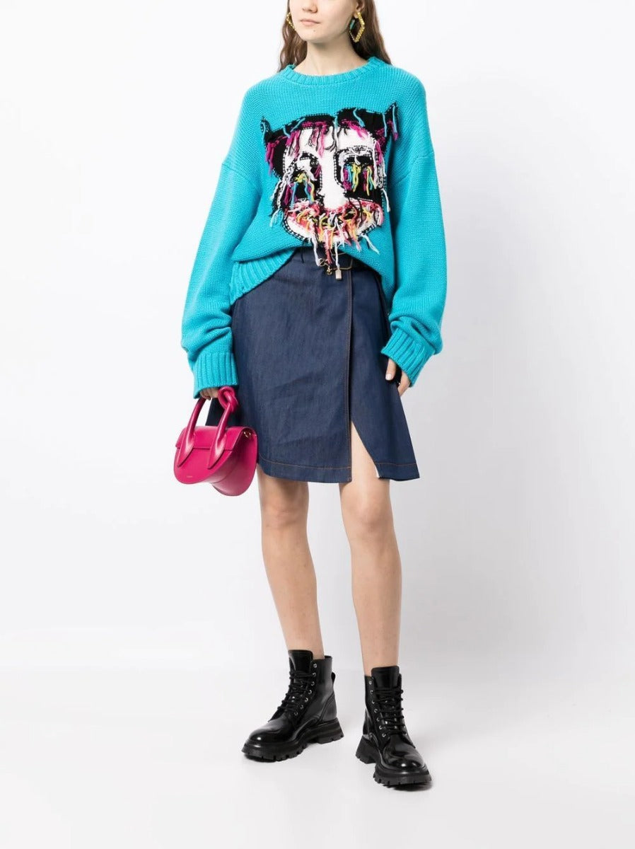 Balenciaga toggle-fastened A-line denim skirt with front buttons and classic five-pocket design for casual style.