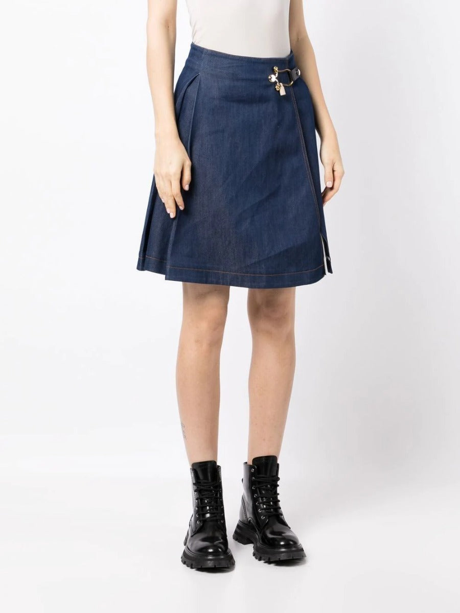 Balenciaga toggle-fastened A-line denim skirt with front pockets and belt loops, casual style for everyday wear.