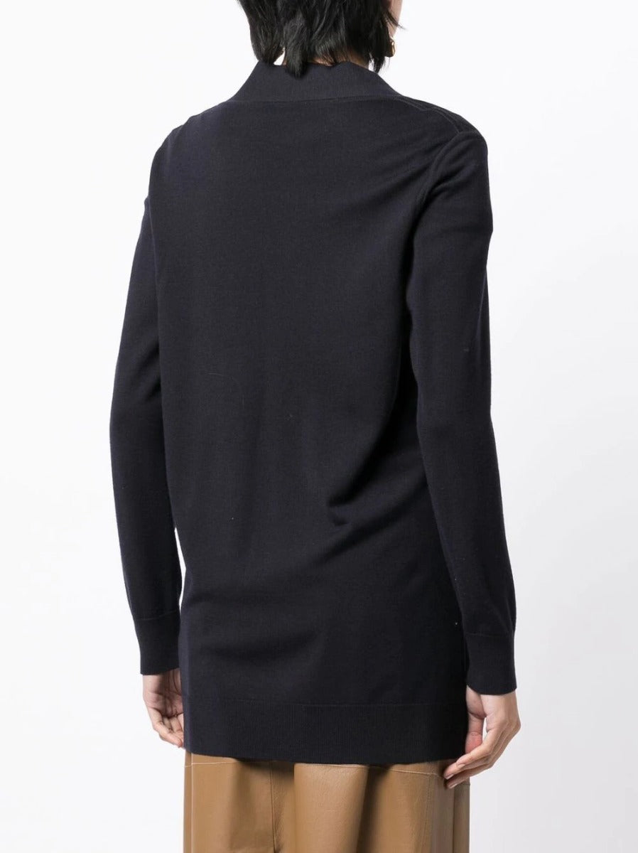 Hermès navy V-neck suede cardigan, stylish blazer jacket with a smooth texture and classic design.