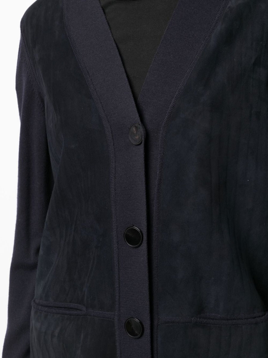 Hermès navy V-neck suede cardigan, stylish blazer jacket with a smooth texture and classic design, front view.
