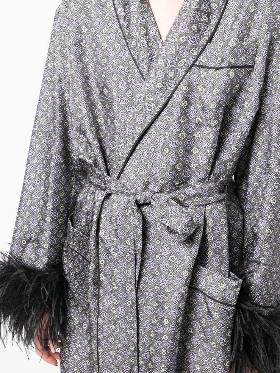Prada feather-detail silk robe blazer with elegant feather accents and sleek design, showcasing luxurious fabric and craftsmanship.