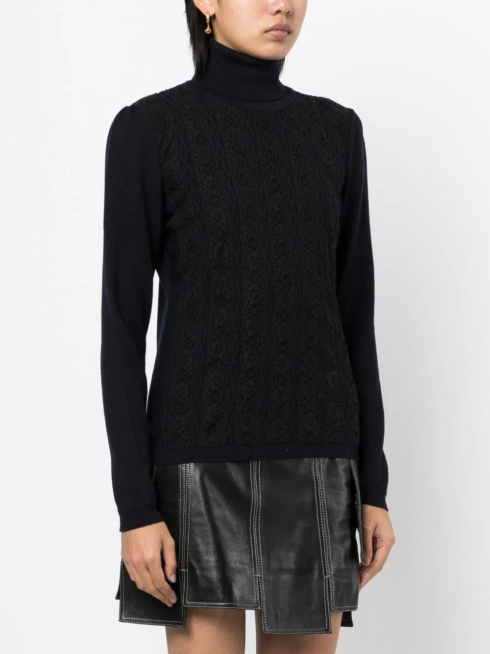 Lace panelled turtleneck jumper from Other Designers, featuring a cozy knit top with lace accents and a high neckline.