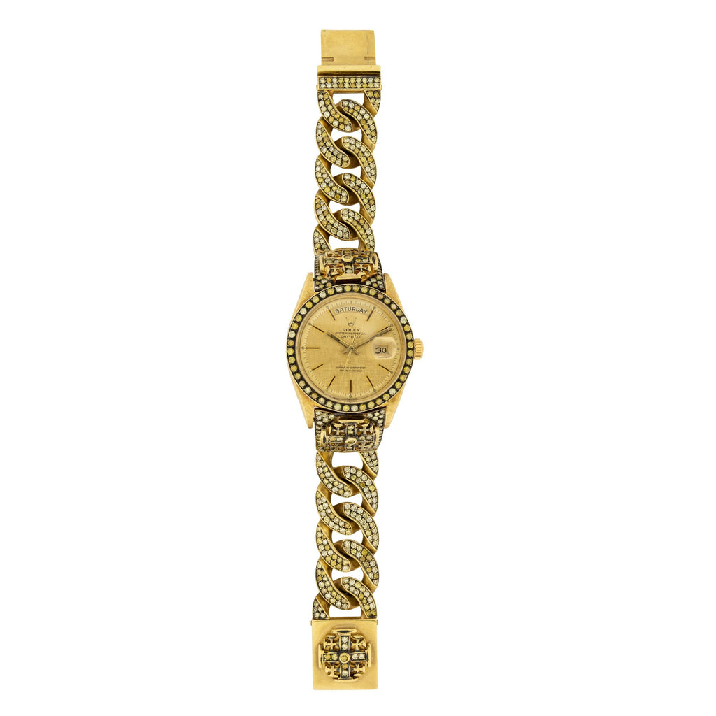 Rolex x Loree Rodkin luxury watch featuring a sleek design with metallic band and detailed dial.