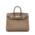 Hermès Birkin 25 Sellier Top Handle Bag in Epsom leather with palladium hardware, featuring a classic etoupe color.