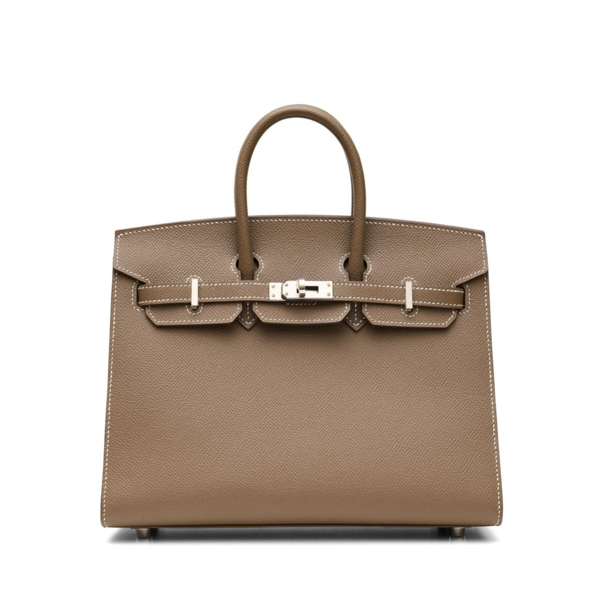 Hermès Birkin 25 Sellier Top Handle Bag in Epsom leather with palladium hardware, featuring a classic etoupe color.