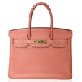 Hermès Birkin 30 Rose Tea Togo GHW top handle bag with gold hardware, showcasing its luxurious leather and elegant design.