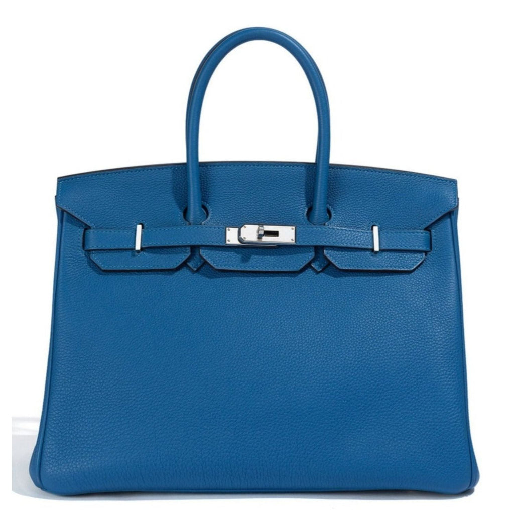 Hermès Birkin 35 Blue Mykonos Epsom top handle bag with gold hardware, showcasing luxurious craftsmanship and elegant design.