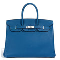 Hermès Birkin 35 Blue Mykonos Epsom top handle bag with gold hardware, showcasing luxurious craftsmanship and elegant design.