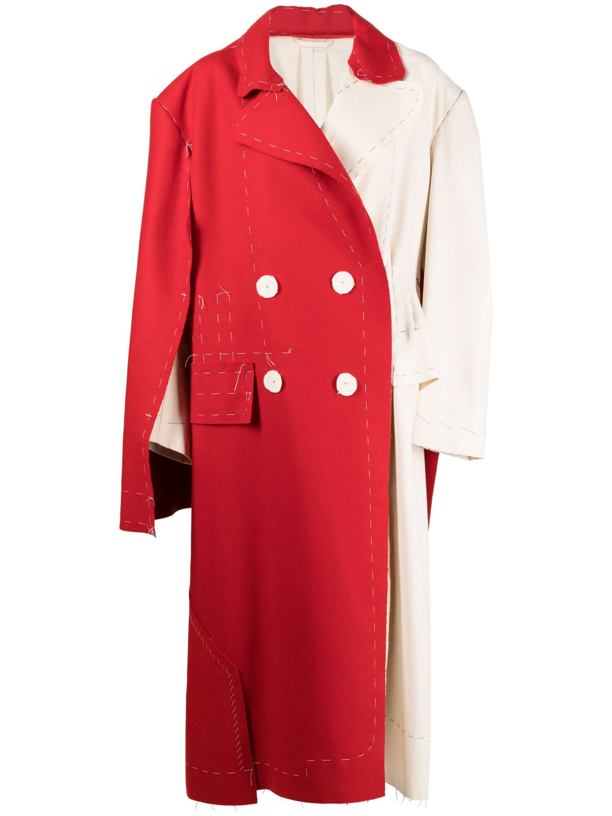 Maison Margiela deconstructed coat with layered, asymmetrical design and neutral tones, displayed on a hanger.