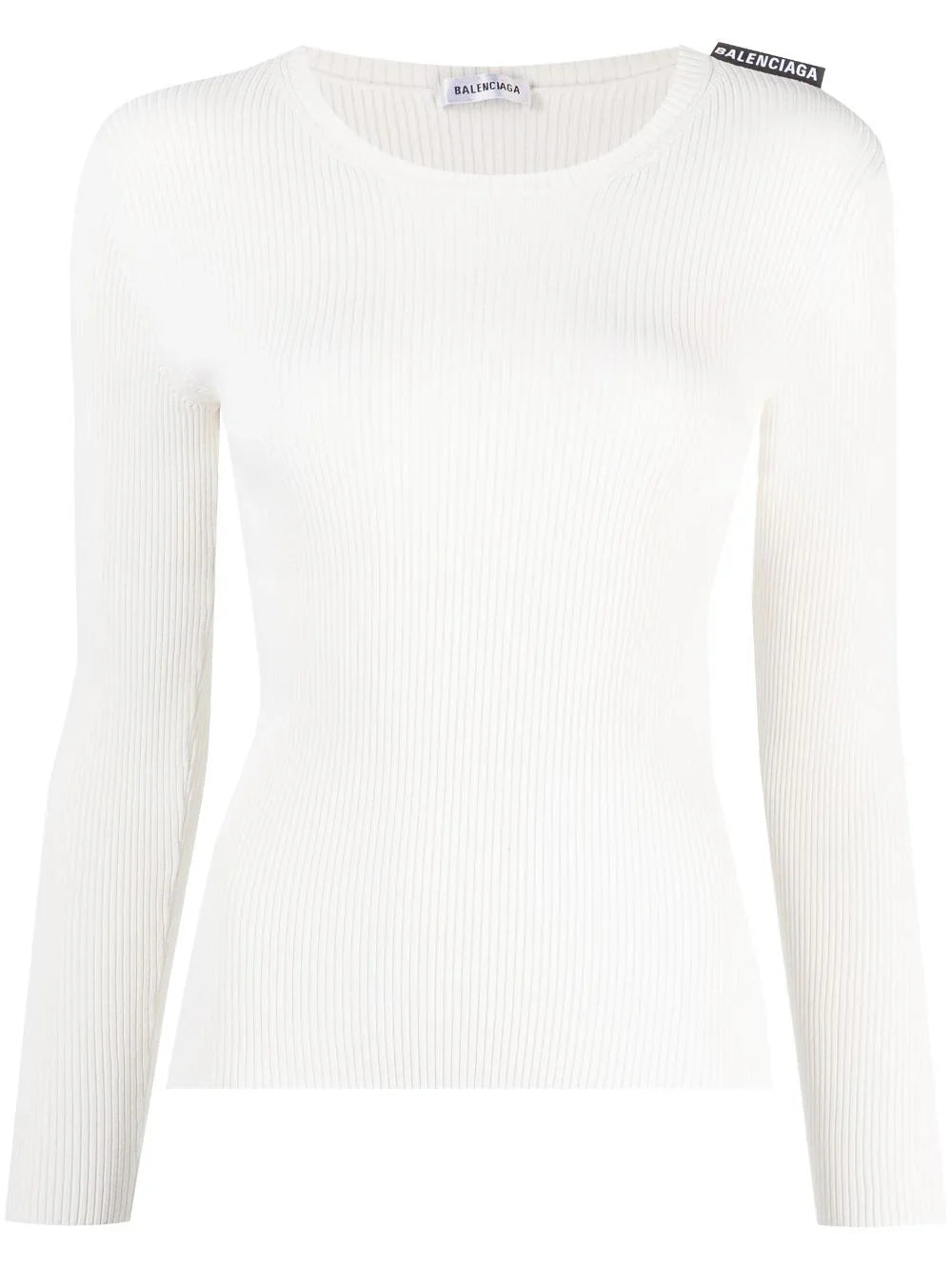 Balenciaga ribbed knit long-sleeved top in black, featuring a fitted design and textured fabric for a stylish look.