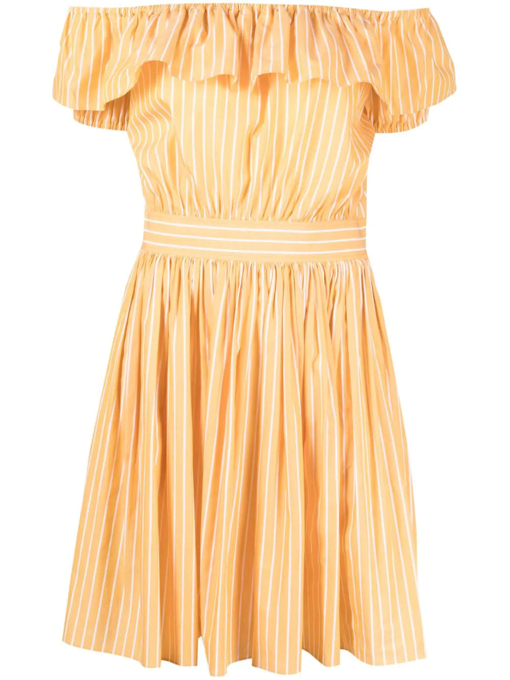 Miu Miu off-shoulder ruffle dress with floral pattern, featuring flowing fabric and feminine design.