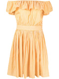 Miu Miu off-shoulder ruffle dress with floral pattern, featuring flowing fabric and feminine design.