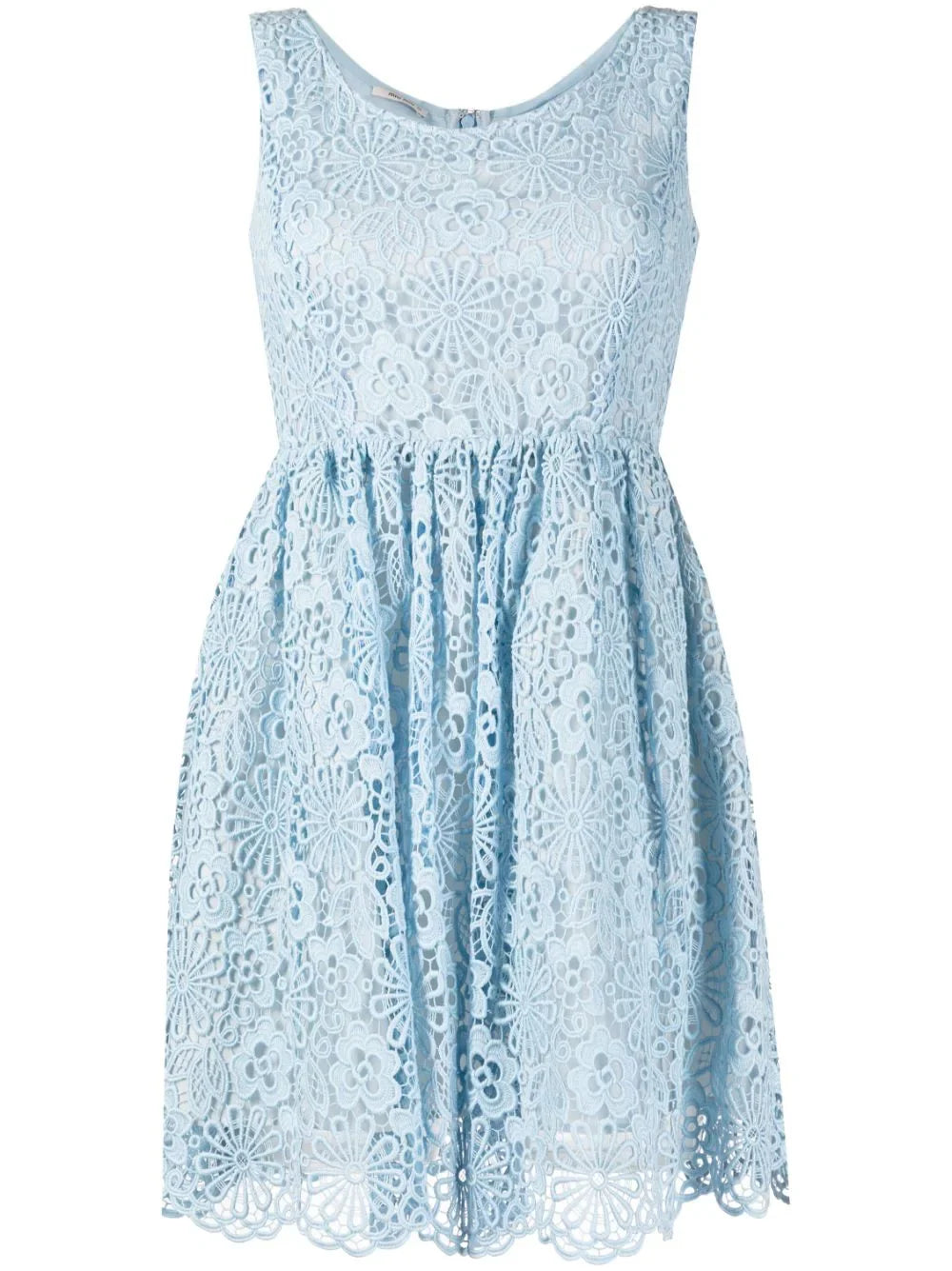 Miu Miu Guipure lace dress with intricate floral pattern and delicate detailing, shown on a model.