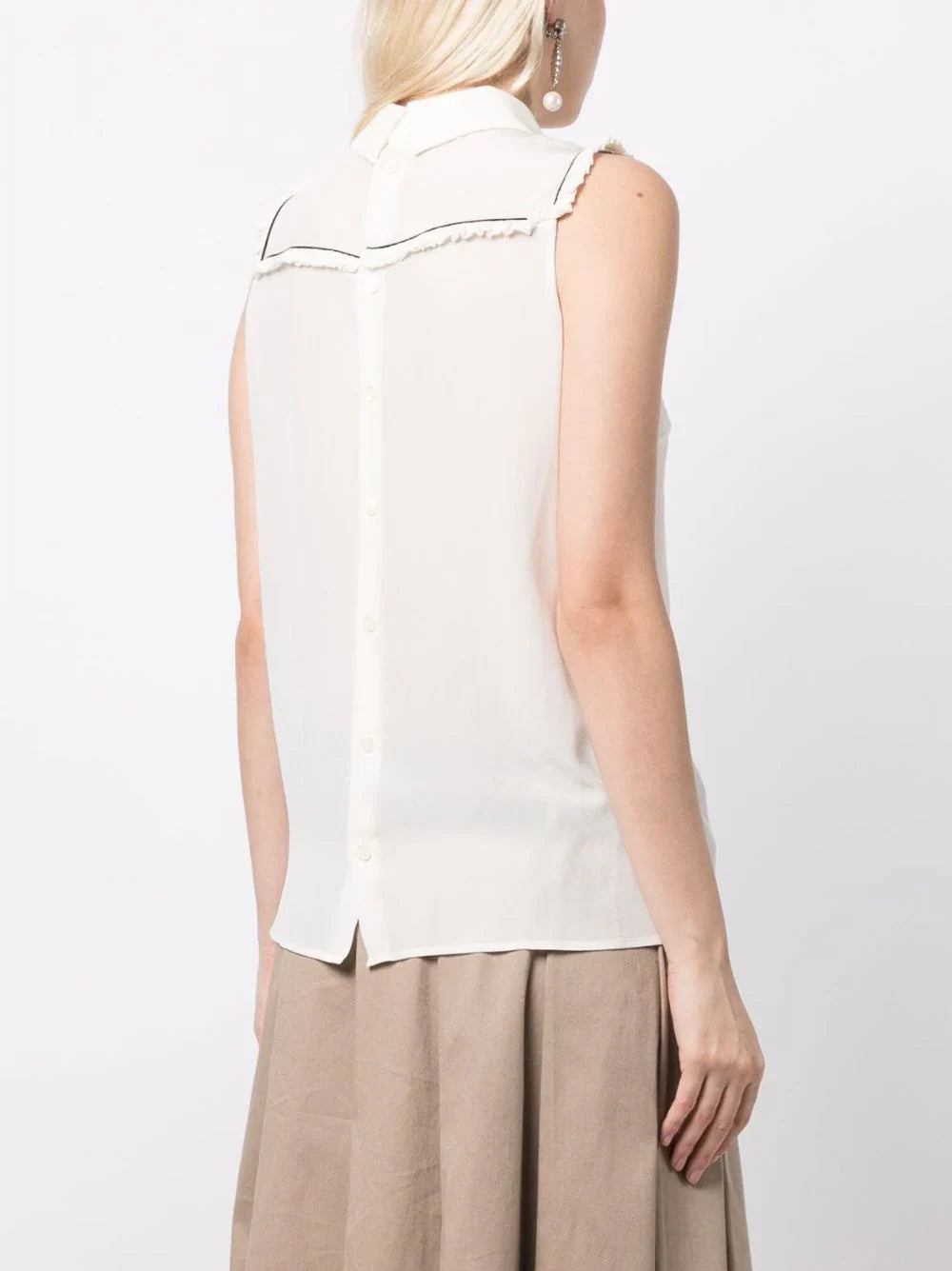 Miu Miu studded sleeveless blouse with a fitted design and decorative embellishments on the front.