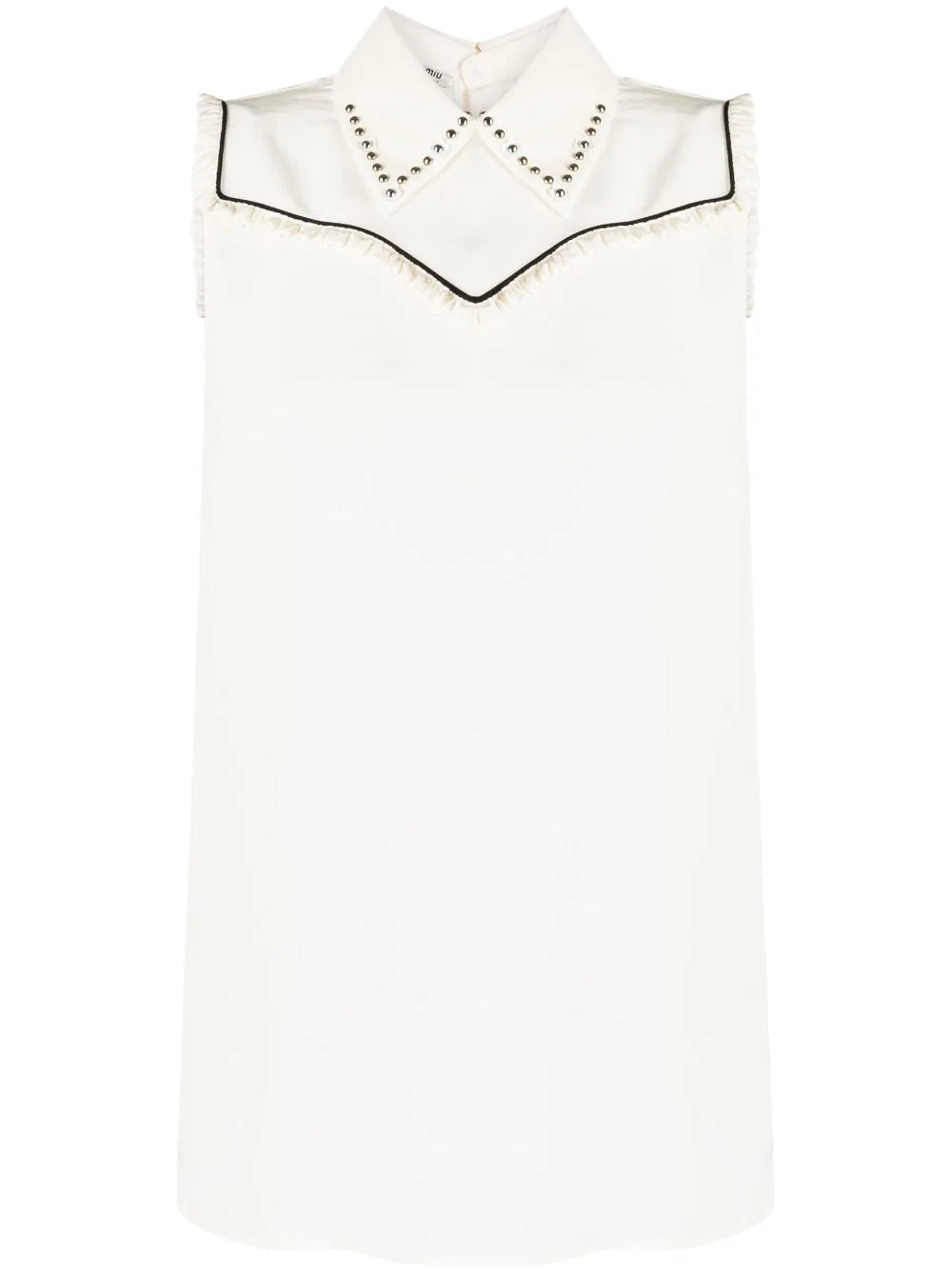 Miu Miu studded sleeveless blouse with a fitted design and decorative embellishments on the front.
