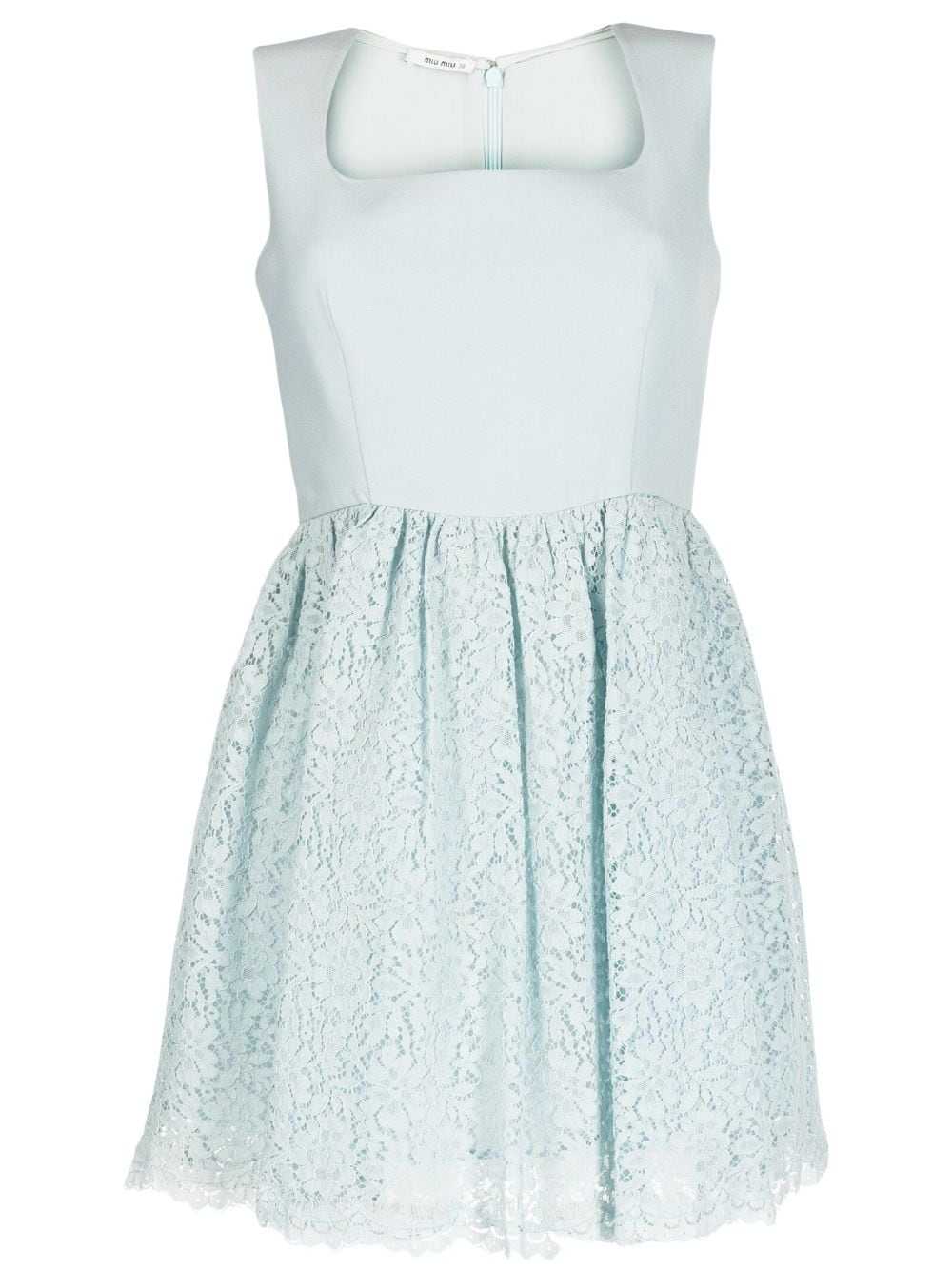 Miu Miu lace A-line dress with delicate floral lace fabric and elegant fit, displayed on a hanger against a neutral background.