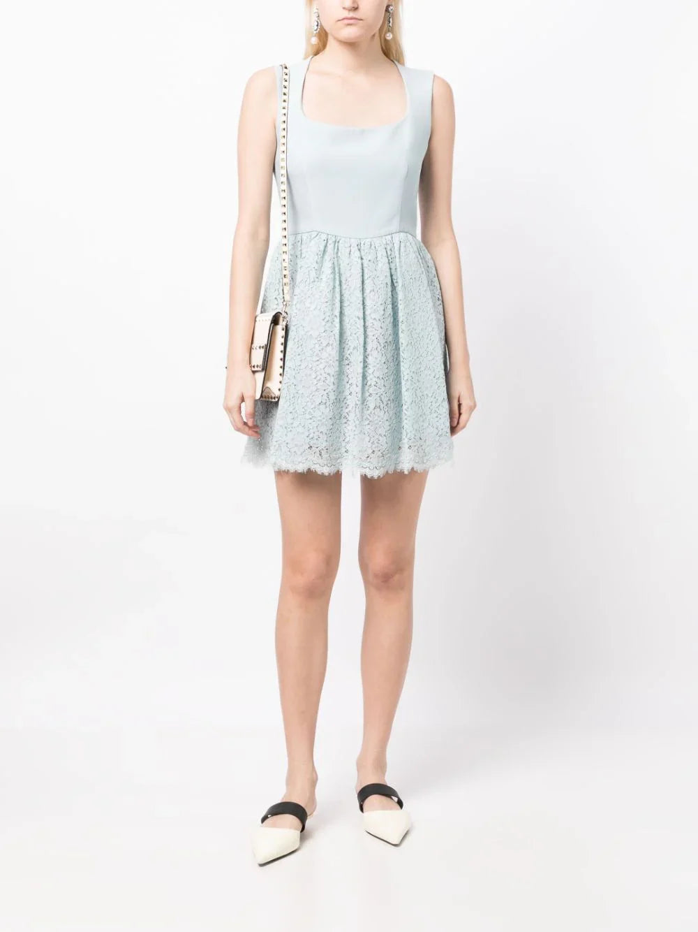 Miu Miu Lace A-Line Dress featuring delicate lace fabric, fitted bodice, and flared skirt, perfect for elegant occasions.