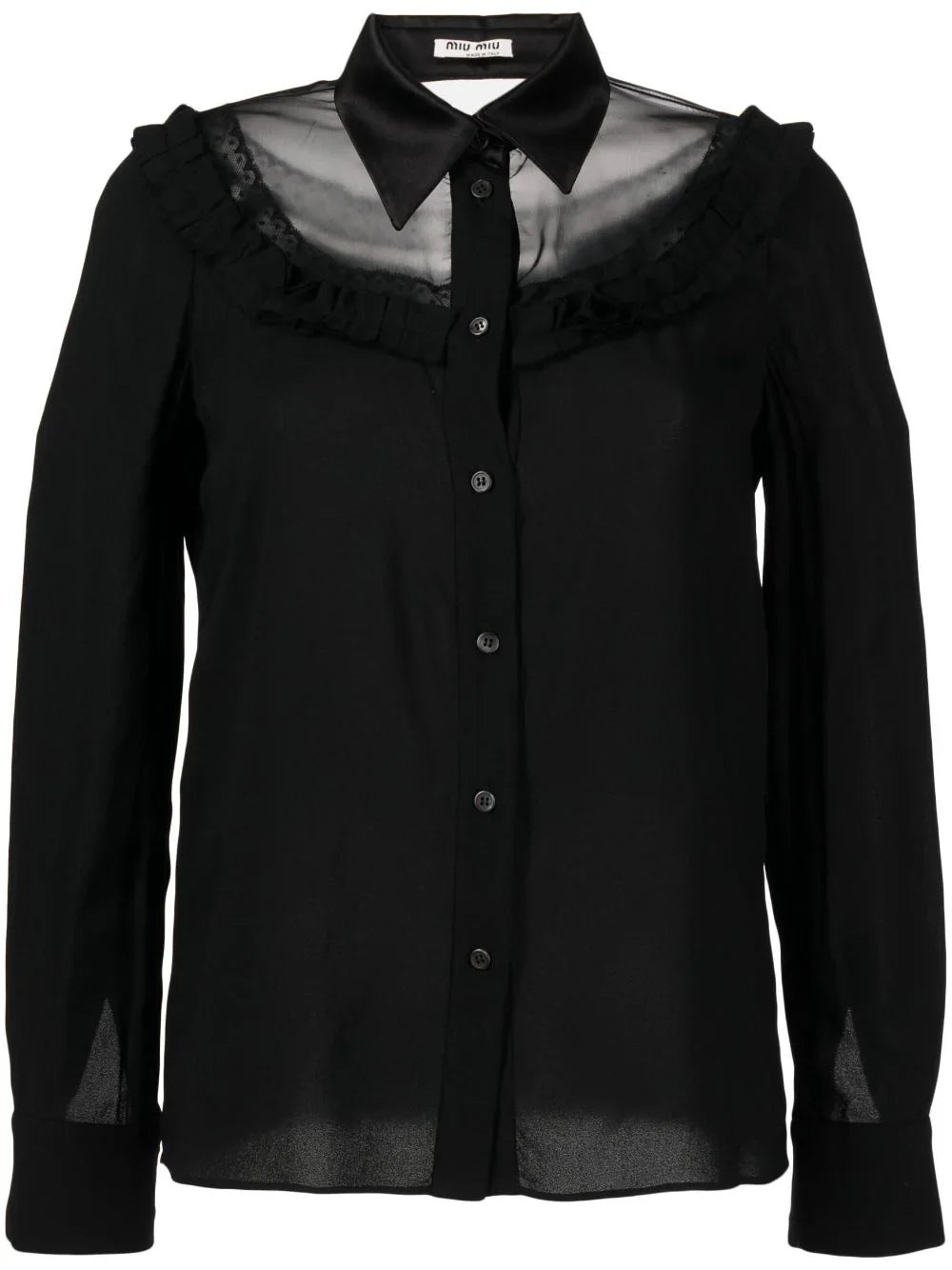 Miu Miu sheer-panelled long sleeve shirt featuring transparent panels and classic button-up design.