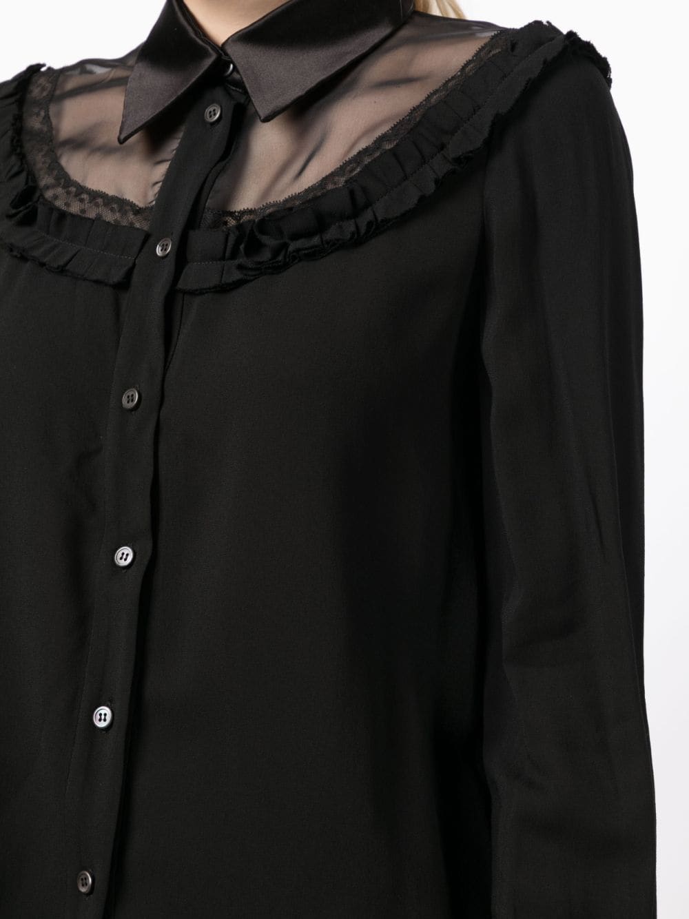 Miu Miu sheer-panelled long sleeve shirt with elegant, lightweight fabric and tailored fit, displayed on a hanger.