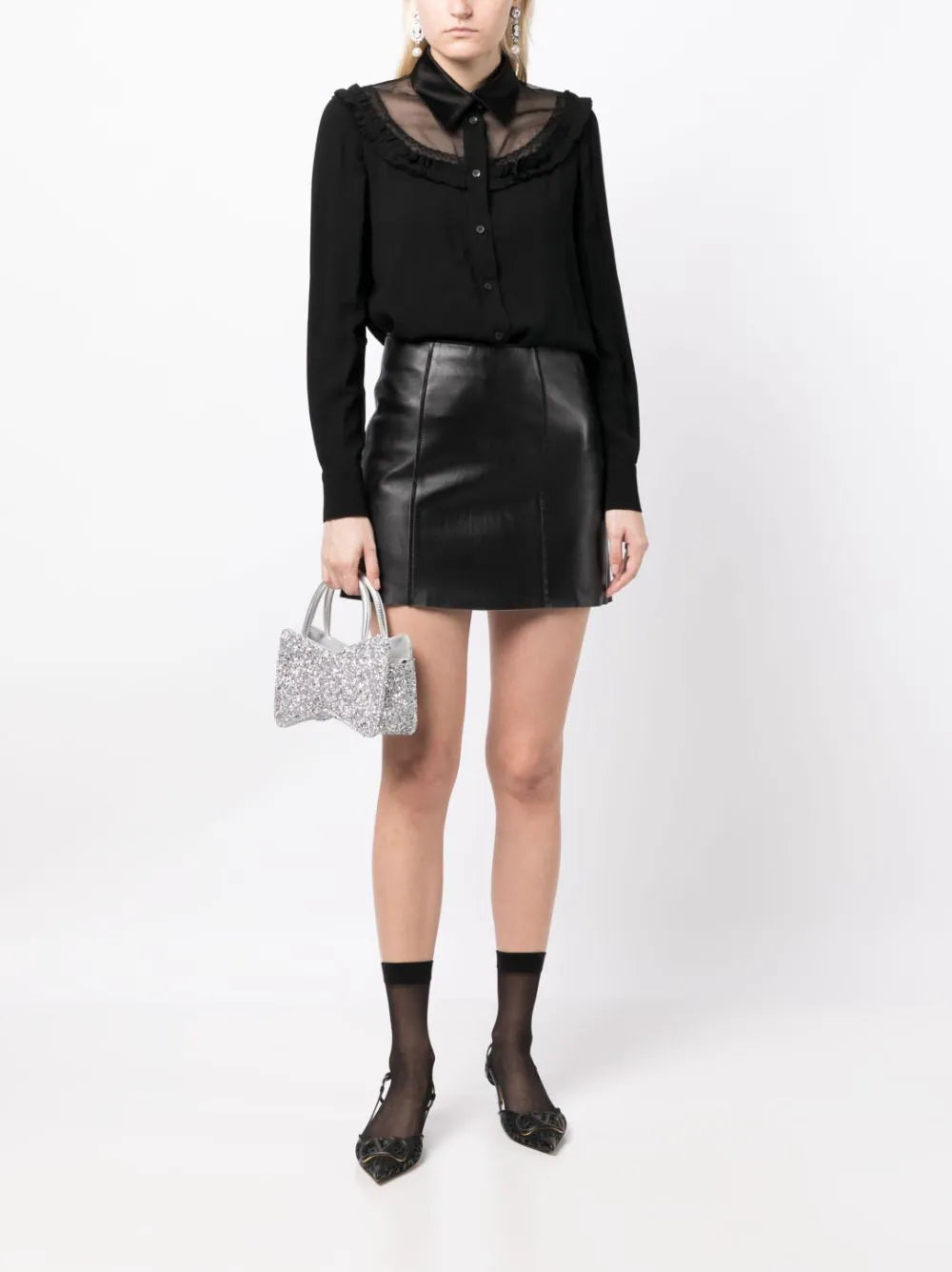 Miu Miu sheer-panelled long sleeve shirt with transparent panels and classic design, shown on a white background.