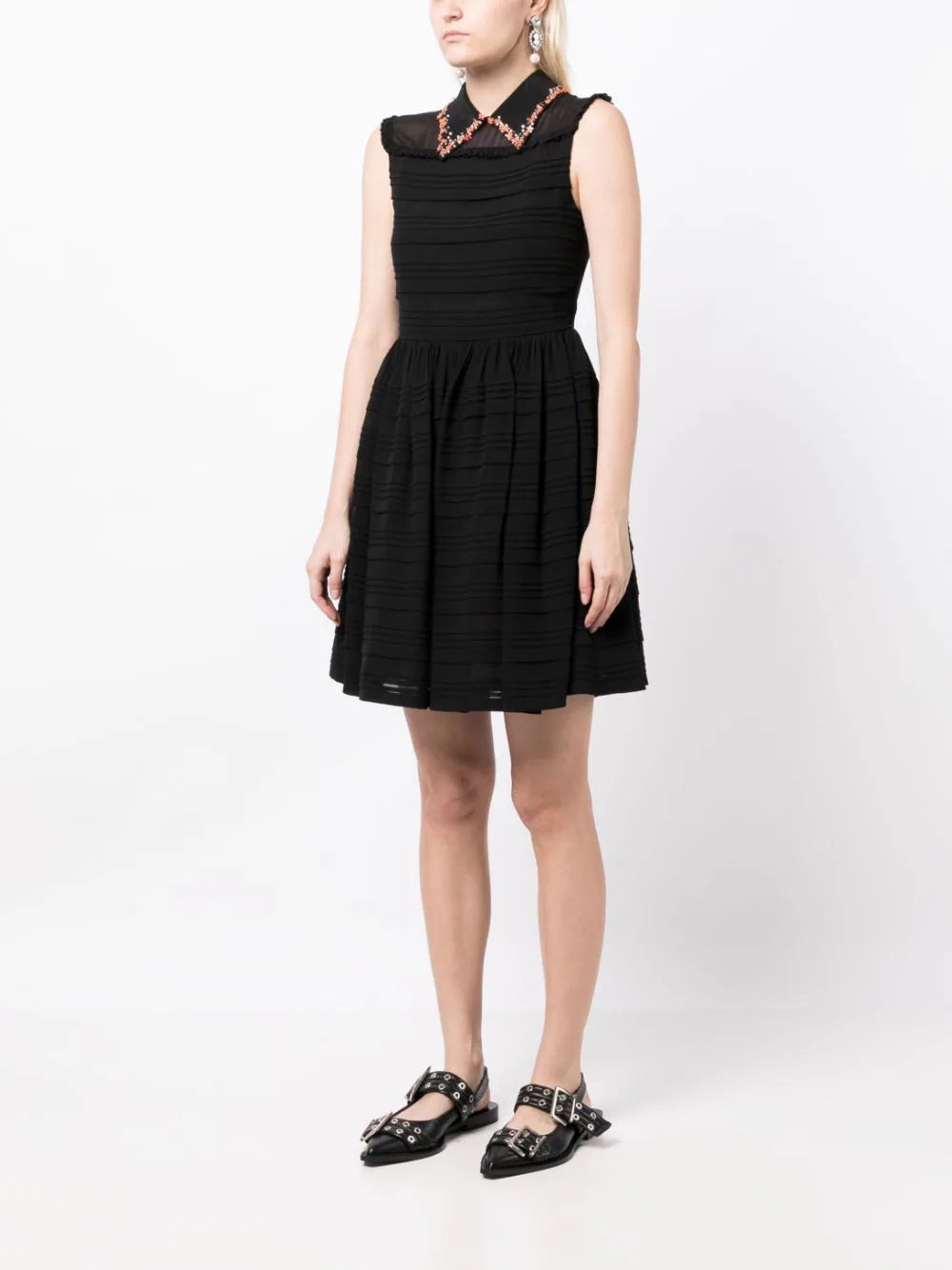 Miu Miu collar-embellished sleeveless dress featuring a fitted silhouette and stylish design, shown in the product image.