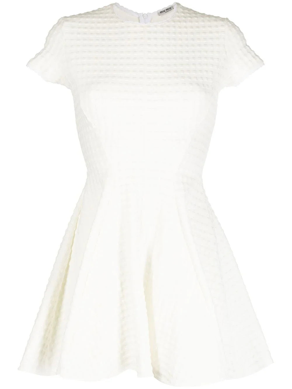 Miu Miu Jacquard A-line dress with intricate woven pattern, sleeveless design, and elegant silhouette.