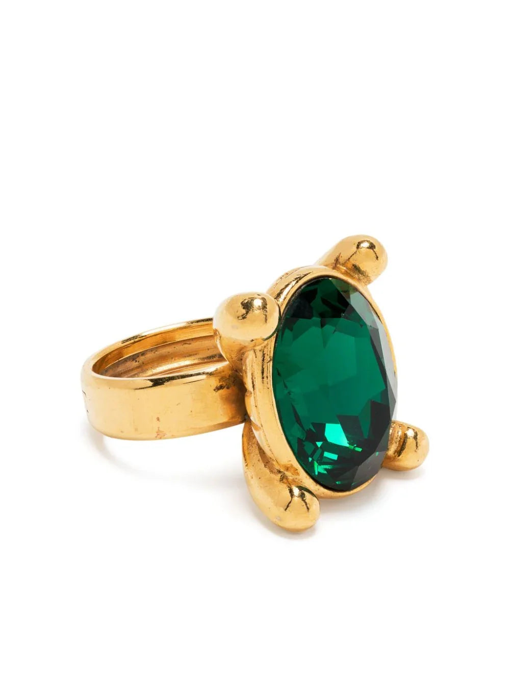 Saint Laurent emerald oval ring featuring a large green emerald gemstone set in a sleek silver band.