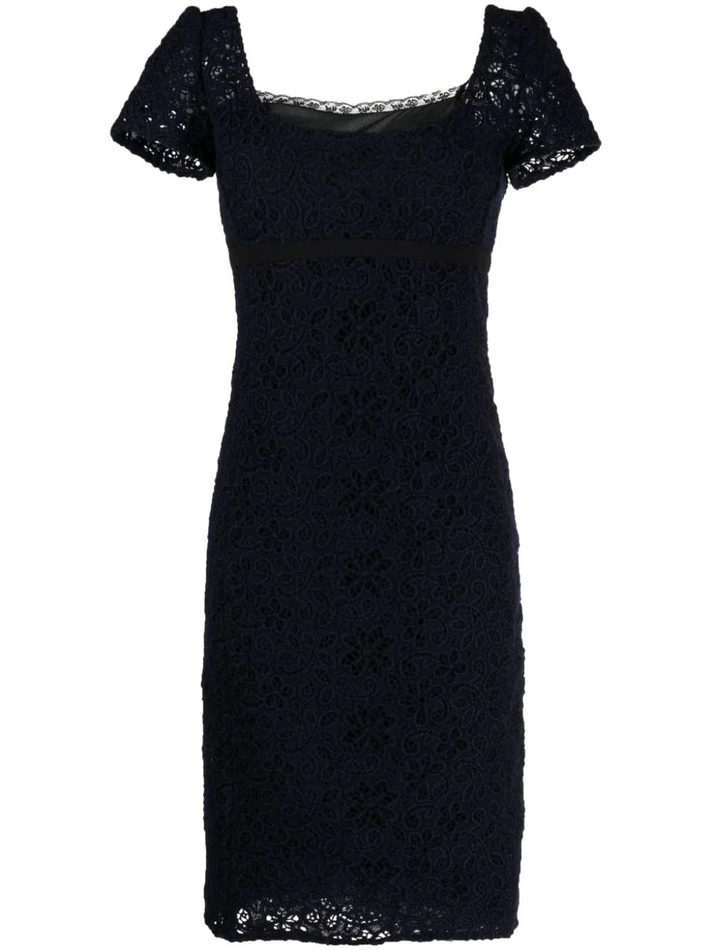 Prada floral lace empire waist dress with delicate lace details and fitted bodice, perfect for elegant occasions.