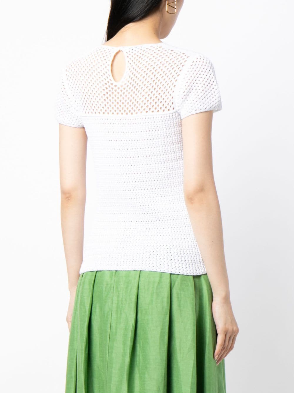 Prada short-sleeved crochet top with intricate knit pattern, stylish and lightweight for casual or fashionable wear.