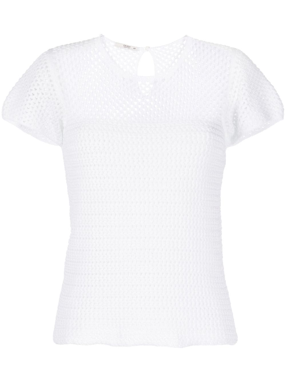 Prada short-sleeved crochet top with intricate knit pattern, stylish and lightweight for casual or trendy outfits.