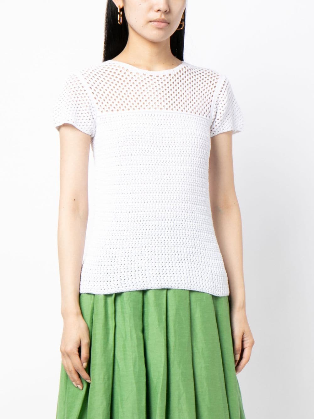 Prada short-sleeved crochet top showcasing intricate knit pattern and stylish design, perfect for casual or trendy outfits.