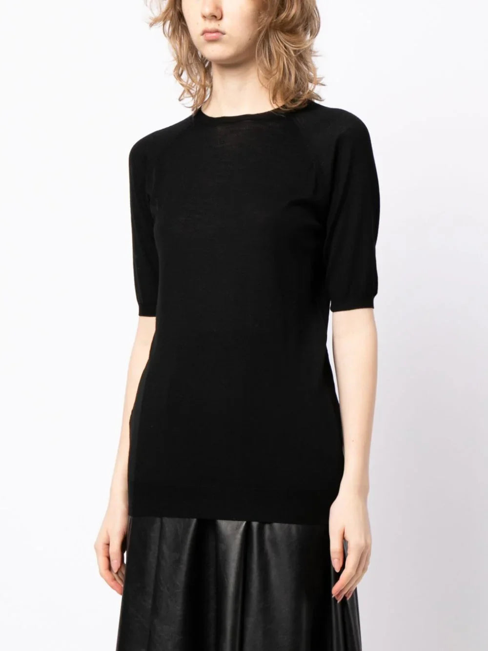 Prada short-sleeved wool knit T-shirt in neutral color, showcasing a smooth knit fabric and classic fit for stylish casual wear.